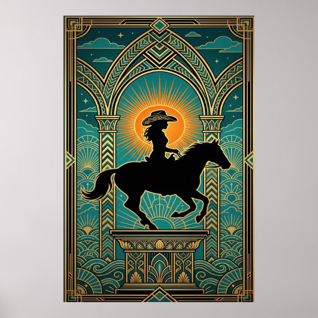 Art Deco Cowgirl Hästmonument Soluppgång Poster (Framsidan)