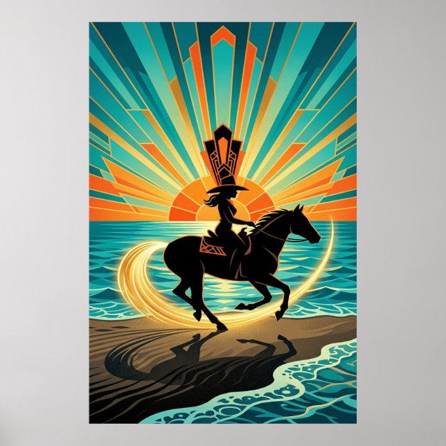 Art Deco Cowgirl Horse Beach Waves Sunset Poster (Framsidan)