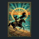 Art Deco Cowgirl Lasso Häst Strand Solnedgång Affi Poster<br><div class="desc">En fantastisk blandning av västerländsk action och Art Deco-elegans mot en tropisk horisont. Denna intrikata illustration visar en cowgirl-silhuett som skickligt svingar en lasso medan hon rider på en galopperande häst längs en sandstrand. En andra vild häst reser sig i bakgrunden, inramad av en glödande gyllene ring och en strålande...</div>
