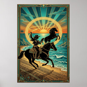 Art Deco Cowgirl Lasso Häst Strand Solnedgång Affi Poster