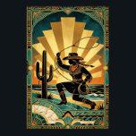 Art Deco Cowgirl Lasso Kaktus Öken Solnedgång Affi Poster<br><div class="desc">En dynamisk firande av västernens tuffhet och Art Deco-elegans. Denna illustration visar en cowgirl-silhuett i en fransad kostym som skickligt hanterar en lasso i ett ökenlandskap vid kusten. Mot en massiv, fläktliknande gyllene soluppgång och inramad av invecklade geometriska ramar med marmoraccents, är detta stycke perfekt för en modern ranch eller...</div>