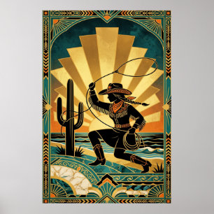 Art Deco Cowgirl Lasso Kaktus Öken Solnedgång Affi Poster