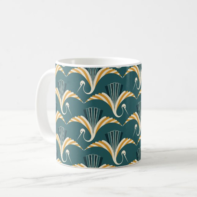 Art Deco Crane - blå bakgrund Kaffemugg (Framsida vänster)