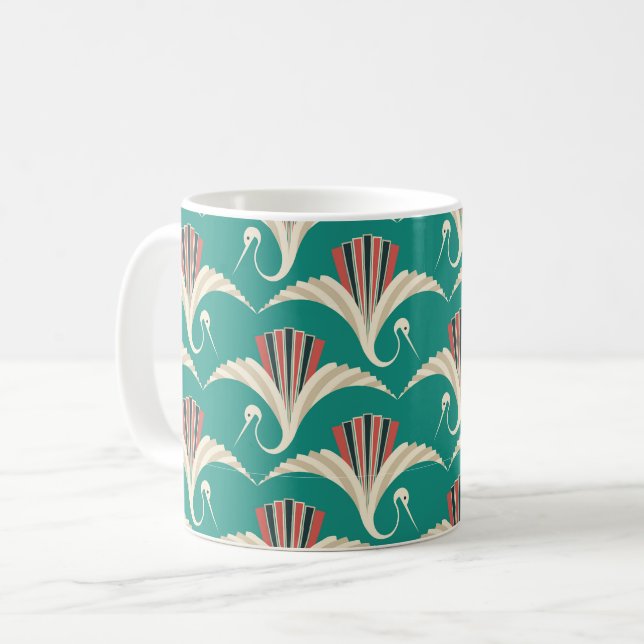 Art Deco Crane - turkos - bakgrund Kaffemugg (Framsida vänster)