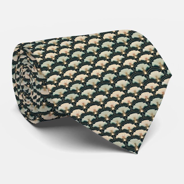 Art Deco Crème & Teal Fläktsmönstrad slips (Rullad)