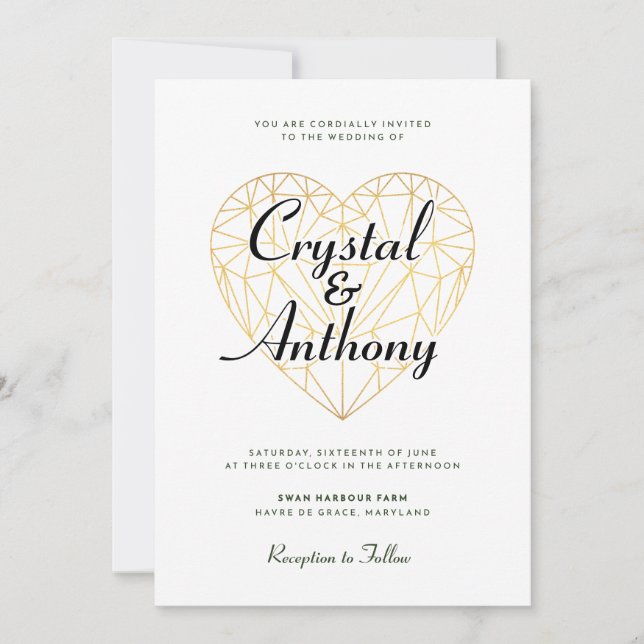 Art Deco Crystalhjärta Script Bröllop Inbjudningar (Framsida)