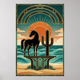 Art Deco Cubist Woman Celestial Sunburst Gold Teal Poster