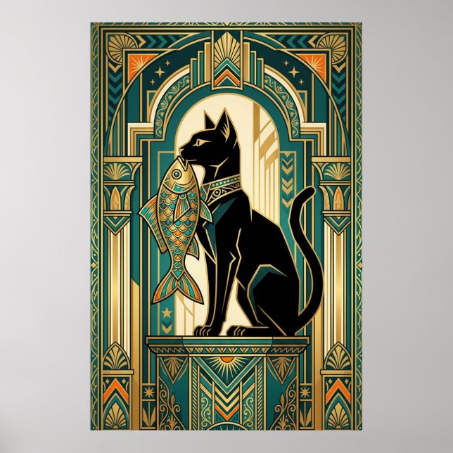 Art Deco Curtain Climbing Cat Wall Art Poster (Framsidan)