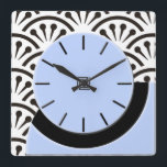 Art Deco cut-A-way (Himlar Blue Black) Fyrkantig Klocka<br><div class="desc">Begreppet "cut-A-Way Wall Clock" baserades på en liten vintage bord-klocka som hittades på en loppmarknad. Originalkonstnären och tillverkaren är okända. Den ursprungliga digitala målningen för den här klockan fångar originalplastens utseende med förslag på djup. Bakklockan är en svart och vit japansk vägg papper design från samma era</div>