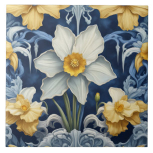Art Deco Daffodil Flowers Art nouveau Blue Kakelplatta