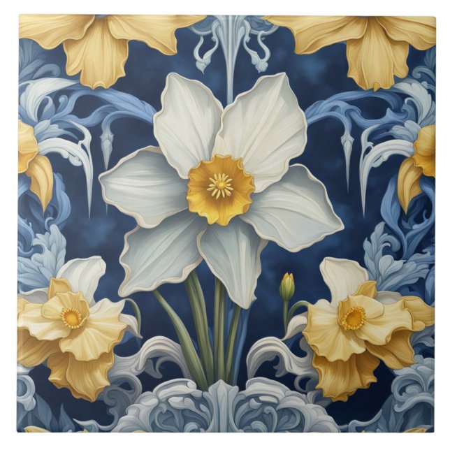Art Deco Daffodil Flowers Art nouveau Blue Kakelplatta (Framsidan)