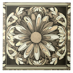Art Deco-Daisy blomma Art nouveau Beige & Grått Kakelplatta