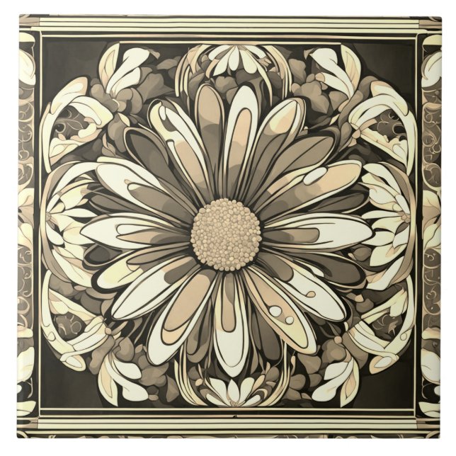 Art Deco-Daisy blomma Art nouveau Beige & Grått Kakelplatta (Framsidan)