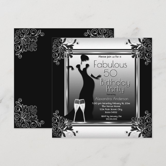 Art Deco Dam Black White Champagne Födelsedagsfest Inbjudningar (Fram/baksida)