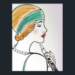 Art Deco Dam med Clarinet Poster<br><div class="desc">En vacker digital linje teckning om profilen hos en kvinna som håller ett klarinett i en klassisk konst deco stil. Hon har ljust brunt hår och bär huvudband och pärlor och har korallrött läppstift. Hennes ögon är nästan stängt,  så att hennes ögonfransar blir kända. Bakgrund är en ljuslavendel.</div>