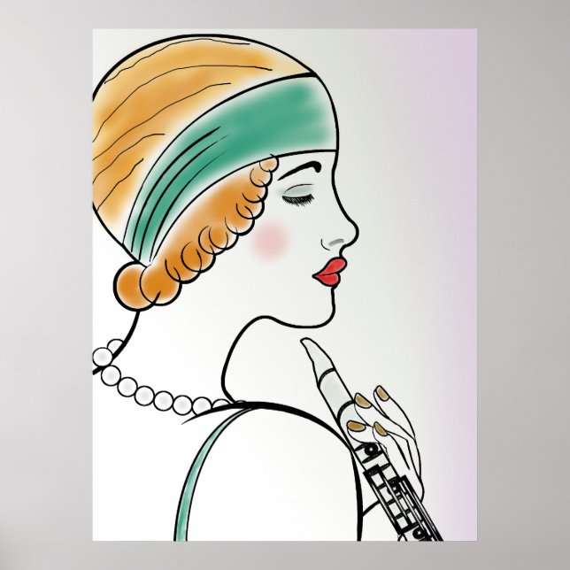 Art Deco Dam med Clarinet Poster (Framsidan)