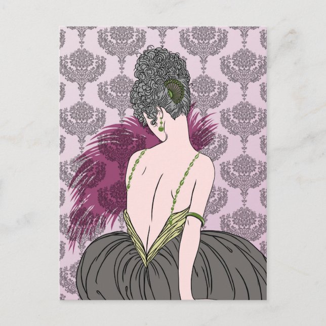Art Deco Dam med Damask - BIANCA: Tea Time Vykort (Framsida)