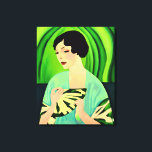 Art Deco Dam med Fläkt i Jade-Grönten Canvastryck<br><div class="desc">Canvas i en modern,  halvabstrakt,  Art Deco porträtt i dam i en kimono,  som håller fläkt,  mot bakgrund av en grönt av abstrakt i en ,  mot bakgrund av en  av en</div>