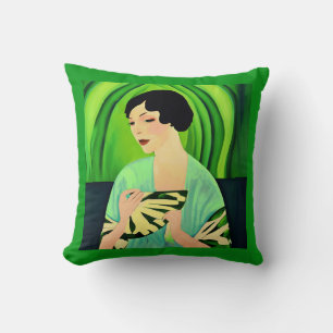 Art Deco Dam med Fläkt i Jade-Grönten Kudde