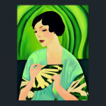 Art Deco Dam med Fläkt i Jade-Grönten Poster<br><div class="desc">Skriv ut i Art Deco porträtt i dam i ett kimono,  som håller fläkt,  mot bakgrund av en abstrakt för grönt av jade</div>