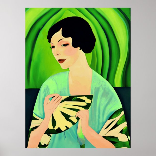 Art Deco Dam med Fläkt i Jade-Grönten Poster (Framsidan)