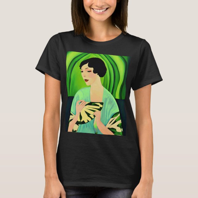 Art Deco Dam med Fläkt i Jade-Grönten T Shirt (Framsida)