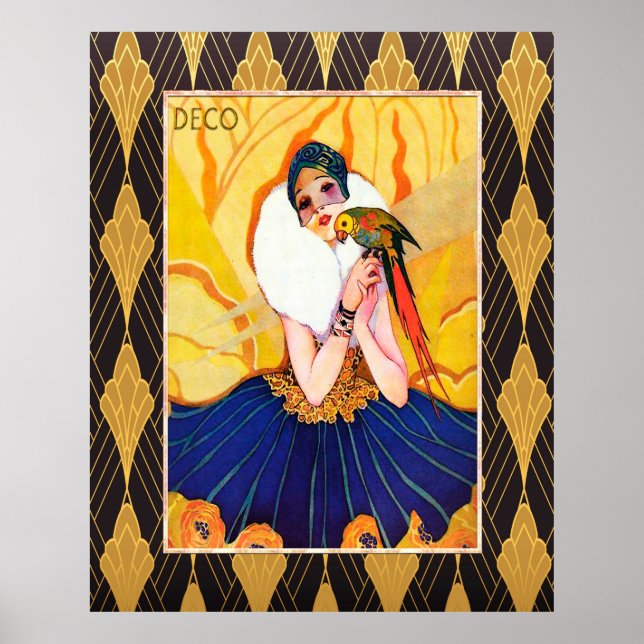 Art Deco Dam med Parrot Poster (Framsidan)