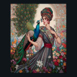 Art Deco Dam med Peacock Poster<br><div class="desc">Art Deco-utskrift med dam i en turban där hennes påk går genom hennes blomsterträdgård.</div>
