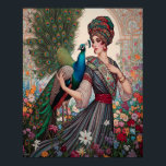 Art Deco Dam med Peacock Poster<br><div class="desc">Art Deco-utskrift med dam i en turban där hennes påk går genom hennes blomsterträdgård.</div>