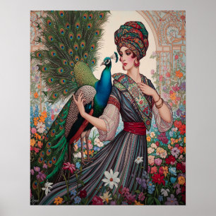 Art Deco Dam med Peacock Poster