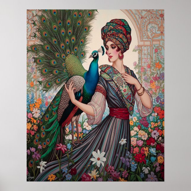 Art Deco Dam med Peacock Poster (Framsidan)