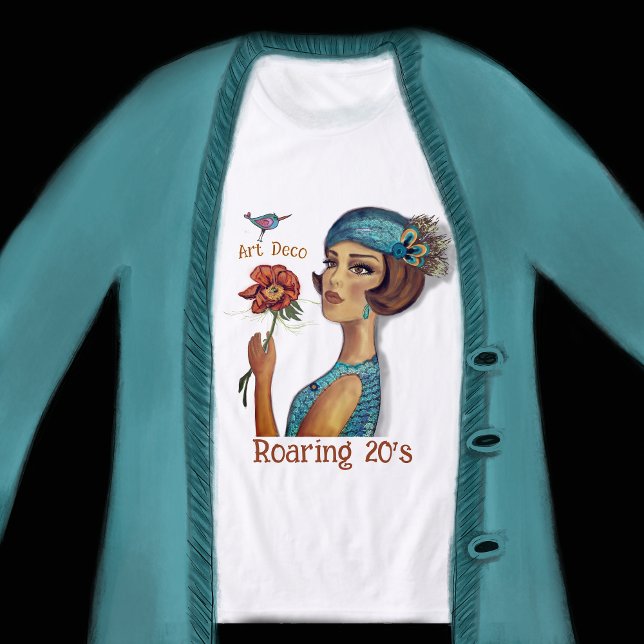 Art Deco dam med vit blomma T Shirt (Art Deco Lady with flower white Tri-Blend Shirt)