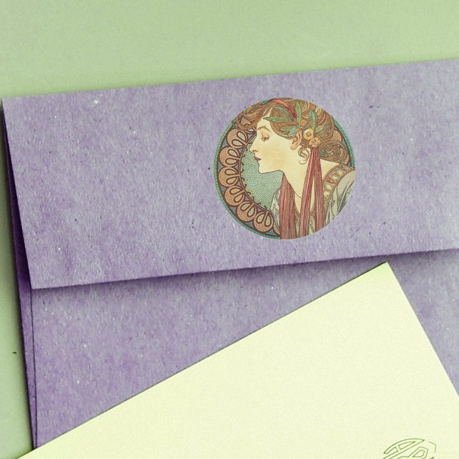 Art Deco Dam Stickers Runt Klistermärke (Art Deco style lady leaves in hair on green burgundy mosaic sticker.)