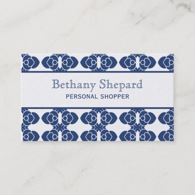 Art Deco Damask-Affärskort, Blue Visitkort (Framsida)