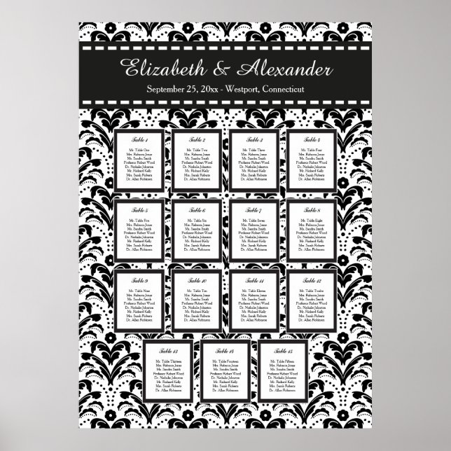 Art Deco Damask bröllopsdiagram 15 Bord Poster (Framsidan)