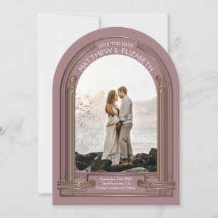 Art Deco Dammrosa Brons Bågformad Save the Date Inbjudningar