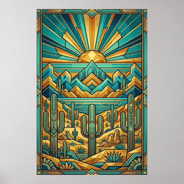Art Deco Desert Sunset Poster - Geometric Saguaro  (Framsidan)