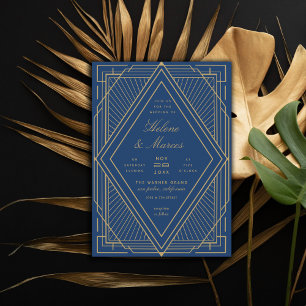 Art Deco Diamond Navy Blue och Guld Bröllop Inbjudningar