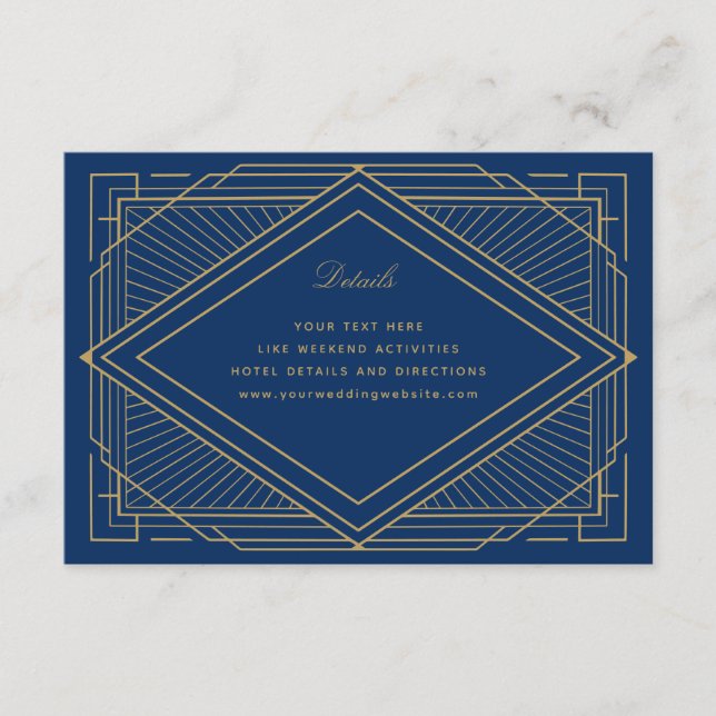Art Deco Diamond Navy Blue och Guld Bröllop Tilläggskort (Framsida)