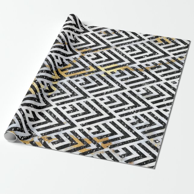 Art Deco Diamond Triangles Black White Marble Presentpapper (Utrullad)