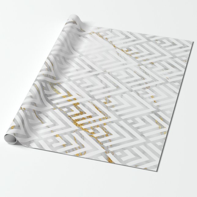 Art Deco Diamond Triangles Grått Guld White Marble Presentpapper (Utrullad)