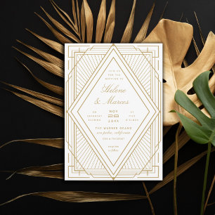 Art Deco Diamond White och Guld Bröllop Inbjudningar