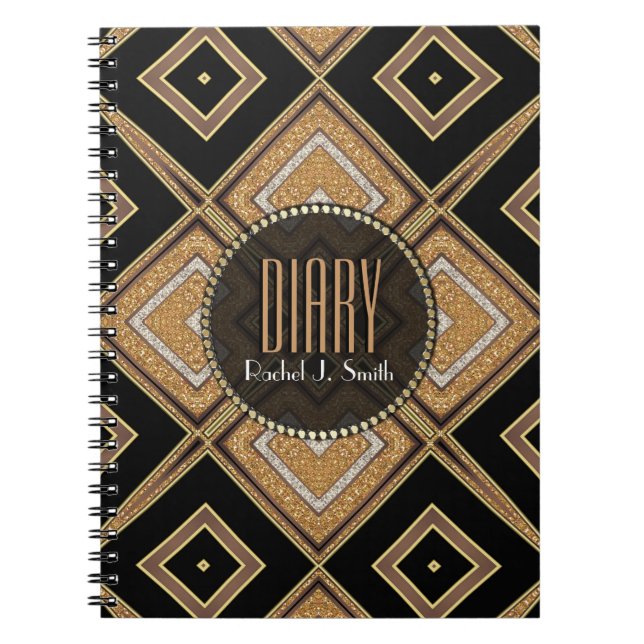 Art Deco Diamonds Black Guld - bärbar dator Anteckningsbok Med Spiral (Framsidan)