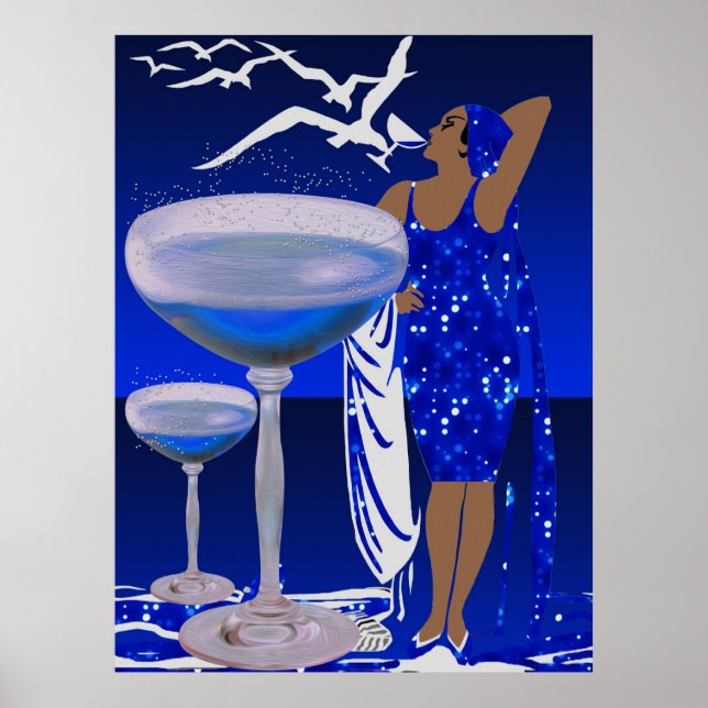 ART DECO Diva DAM Blått Champagne Poster (Framsidan)