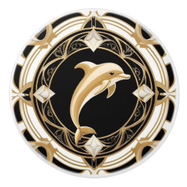 Art Deco Dolphin Black White Guld Nautical Knopp