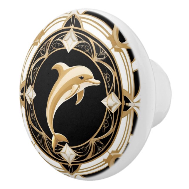 Art Deco Dolphin Black White Guld Nautical Knopp (Höger)