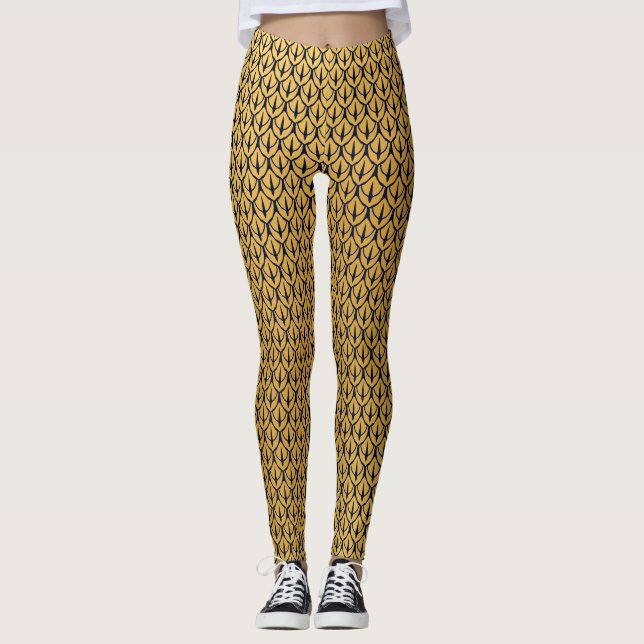 Art Deco Dragon Scales - Blå och Guld Fjäll Leggings (Framsida)