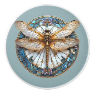 Art Deco Dragonfly Glass Rosa Guld Blue Knopp