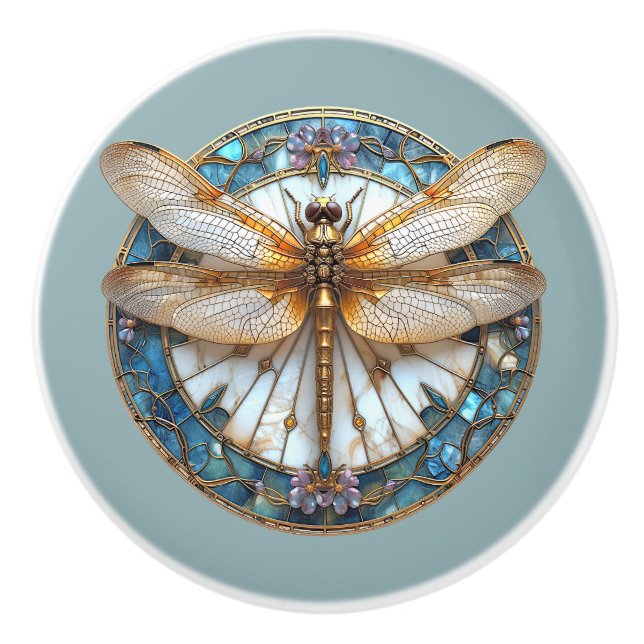 Art Deco Dragonfly Glass Rosa Guld Blue Knopp (Framsidan)
