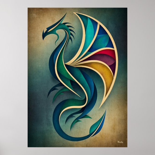 Art Deco Drak Abstrakt Geometrisk Fantasy Väggkons Poster (Framsidan)